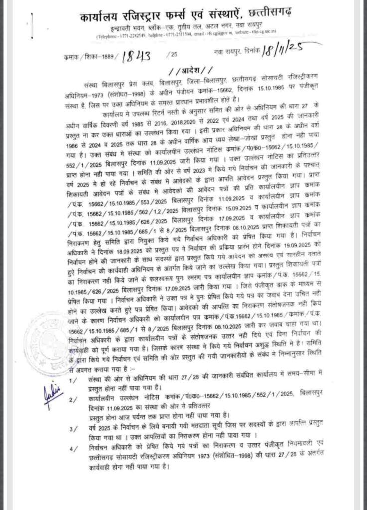 बिलासपुर प्रेस क्लब चुनाव 2024-25 रद्द — रजिस्ट्रार ने अनियमितताओं का हवाला देकर दी बड़ी कार्रवाई, नए अधिकारी की देखरेख में फिर होगी मतदान प्रक्रिया 1001391021 736x10241798593964484998794 1