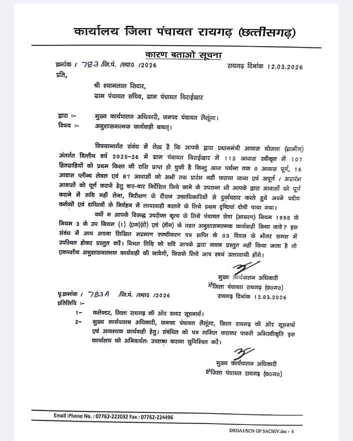 रायगढ़ में प्रधानमंत्री आवास योजना की धीमी प्रगति पर प्रशासन सख्त, दो पंचायत सचिवों को नोटिस 10059098673243439741628285779